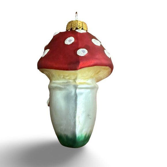 Vintage UT Glass Mushroom Christmas Ornament Red White Glitter Retro Toadstool - Picture 5 of 7